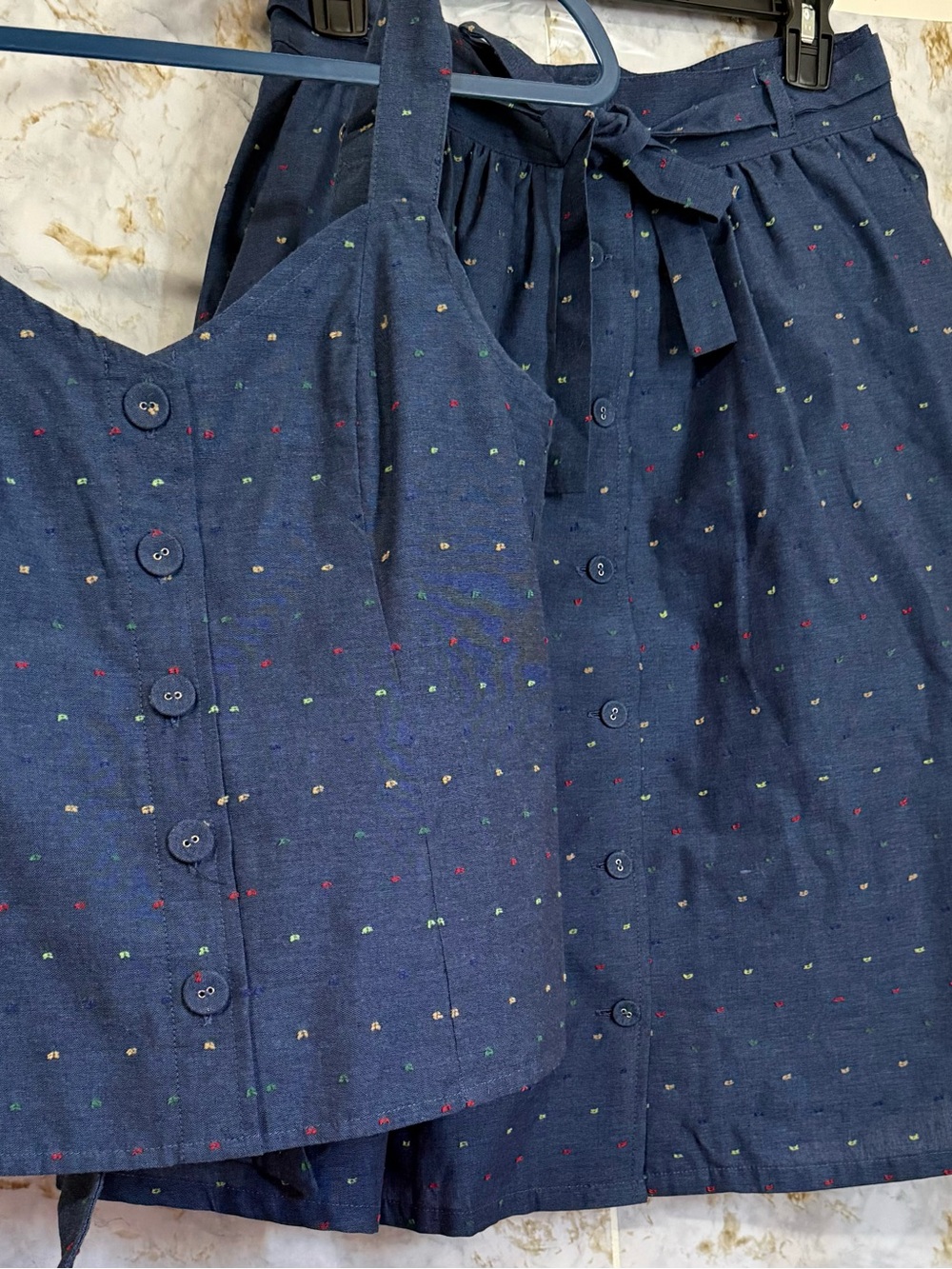 ModCloth Navy Top and Skirt Set with Tiny Multicolor Dots